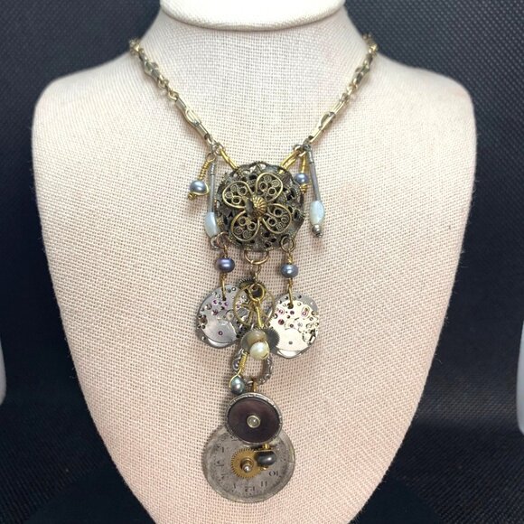 Original Design Steam Punk Necklace Antique Pocket Watch Gears Chains Etc. 17